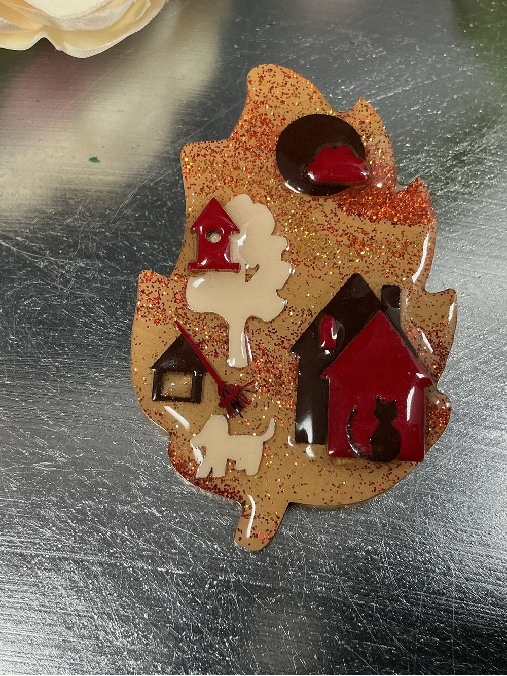Autumn Leaf Resin LUCINDA  with Red House and Dog Accents